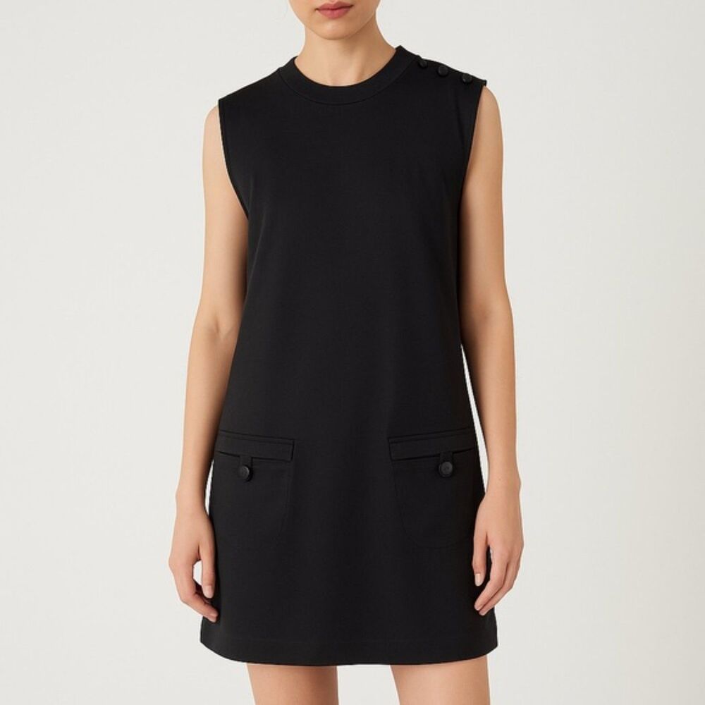 APC Black Sleeveless Retro Jersey Shift Dress Side Shoulder Buttons Size Small